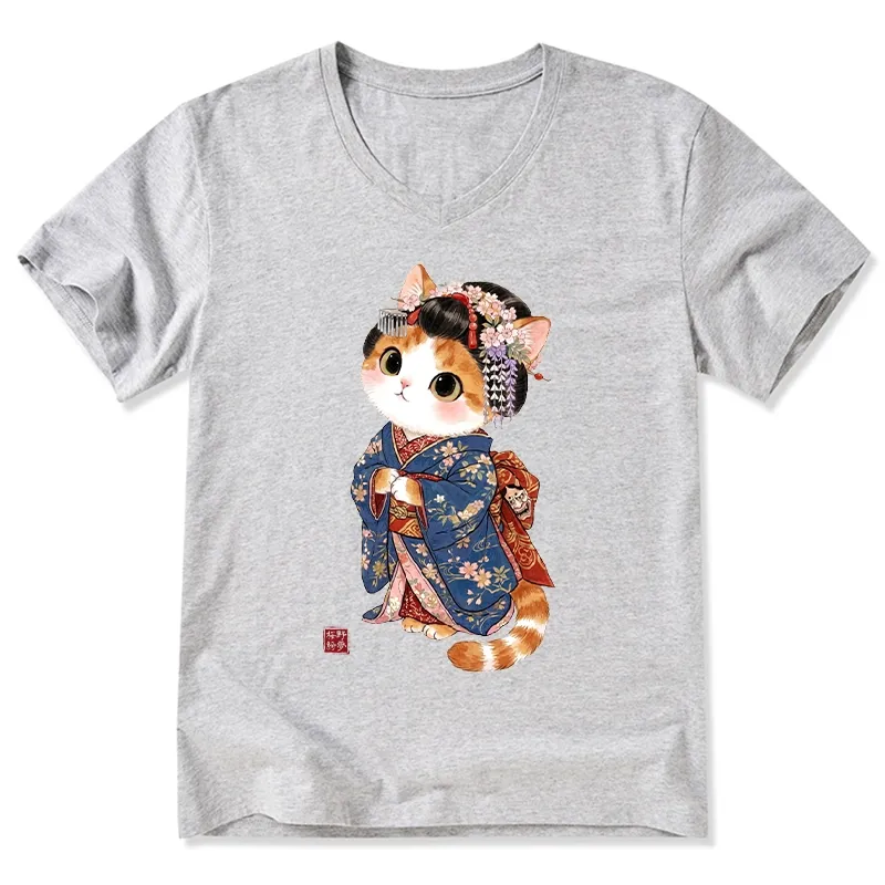 Tokyo-Tiger Cat Dressed As A Geisha Funny V-Neck Classic T-Shirt Sale