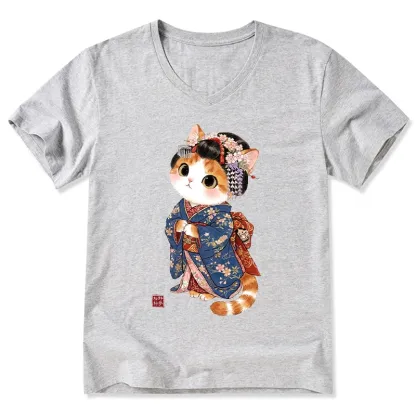 Tokyo-Tiger Cat Dressed As A Geisha Funny V-Neck Classic T-Shirt