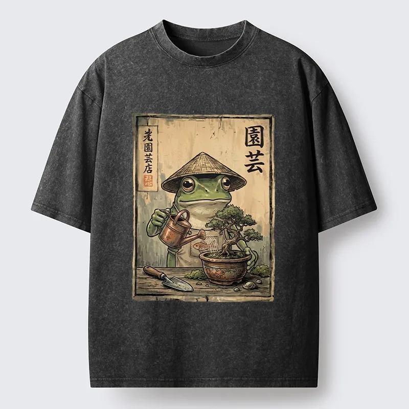 Tokyo-Tiger Frog Takes Good Care Of Bonsai Washed T-Shirt