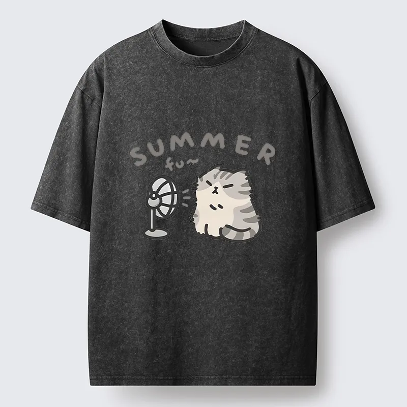 Tokyo-Tiger Summer Cat Chills With A Fan Washed T-Shirt Sale