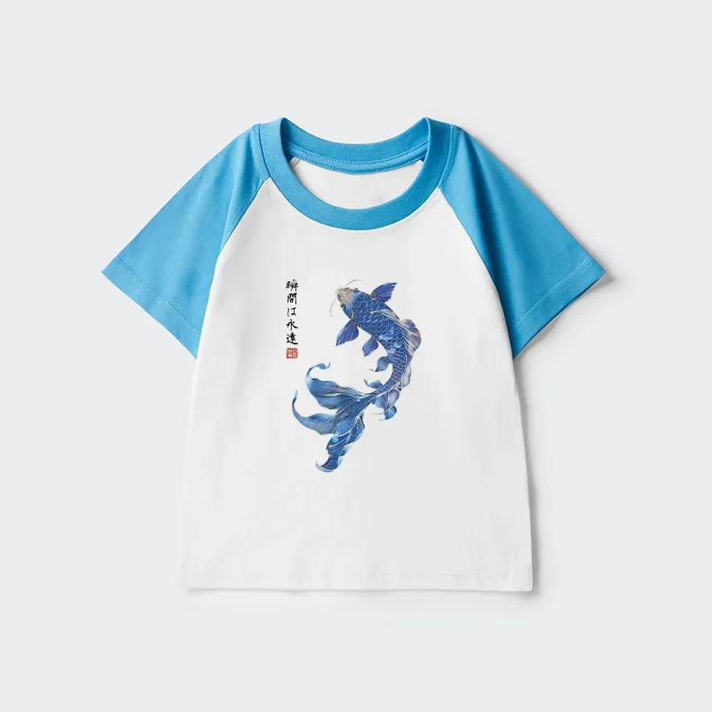 Tokyo-Tiger Lucky Blue Koi Fish Art Kids Raglan T-shirt
