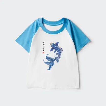 Tokyo-Tiger Lucky Blue Koi Fish Art Kids Raglan T-shirt