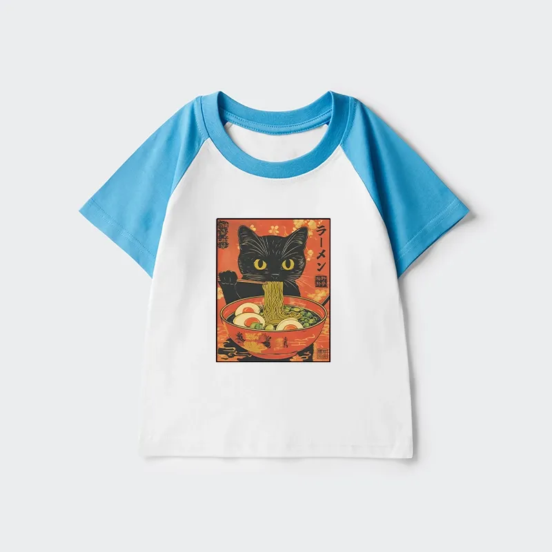 Tokyo-Tiger Hungry Black Cat Loves Ramen Kids Raglan T-shirt