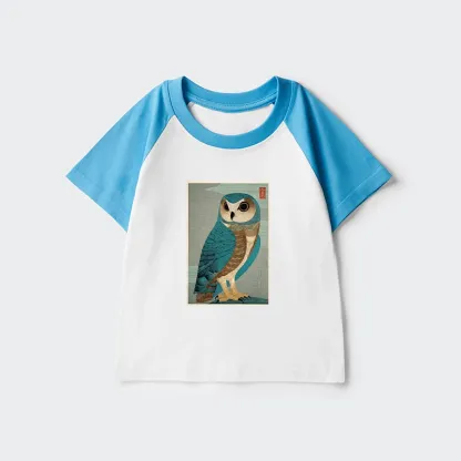 Tokyo-Tiger Vintage Owl Woodblock Art Kids Raglan T-shirt