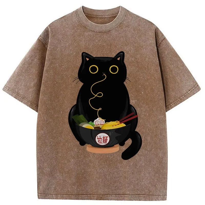Tokyo-Tiger Ramen-Loving Cat Washed T-Shirt