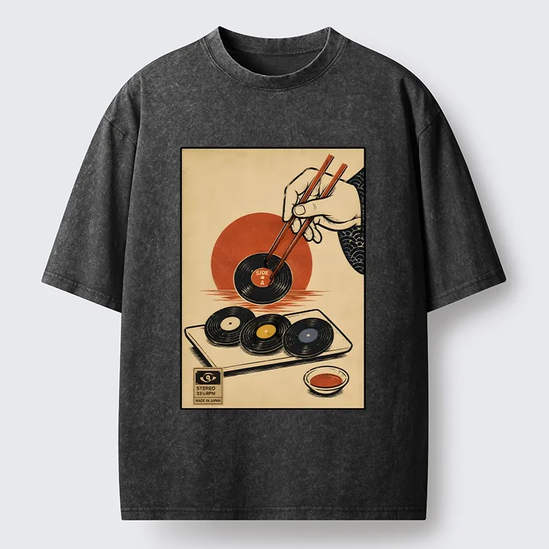 Tokyo-Tiger Chopsticks And Vinyl Sushi Art Washed T-Shirt