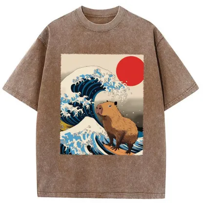 Tokyo-Tiger Funny Capybara Surfing Washed T-Shirt