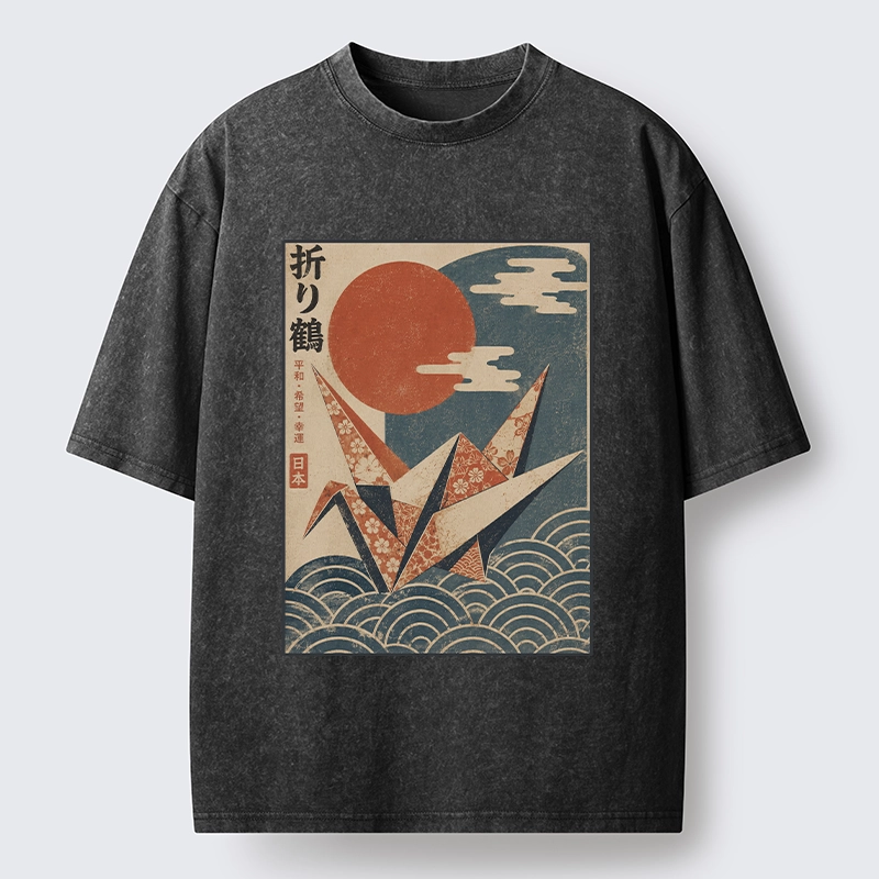 Tokyo-Tiger Japanese Origami Crane Vintage Print Washed T-Shirt