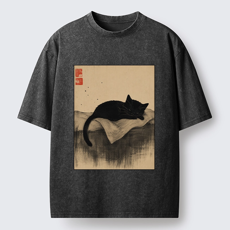Tokyo-Tiger Sleeping Black Cat In Ink Wash Style Washed T-Shirt