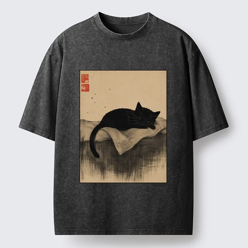 Tokyo-Tiger Sleeping Black Cat In Ink Wash Style Washed T-Shirt