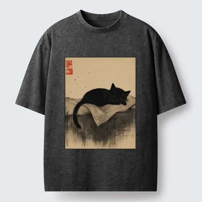 Tokyo-Tiger Sleeping Black Cat In Ink Wash Style Washed T-Shirt