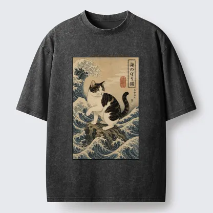 Tokyo-Tiger Sea Guardian Cat In Great Wave Art Washed T-Shirt