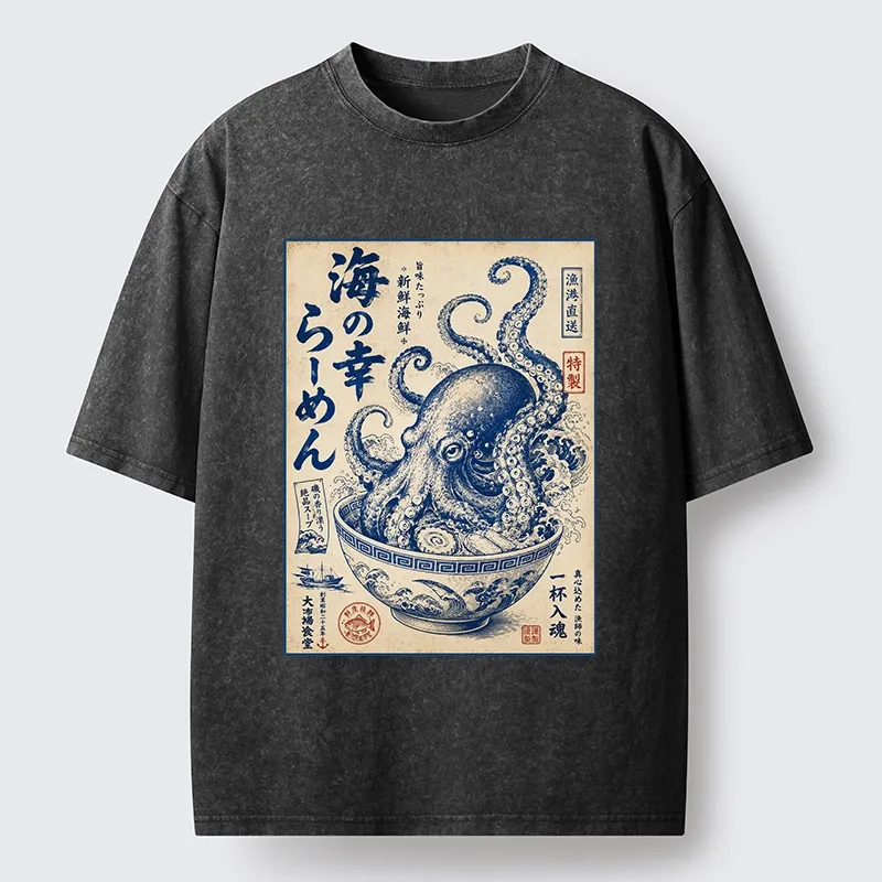 Tokyo-Tiger Vintage Octopus Ramen Japanese Poster Washed T-Shirt
