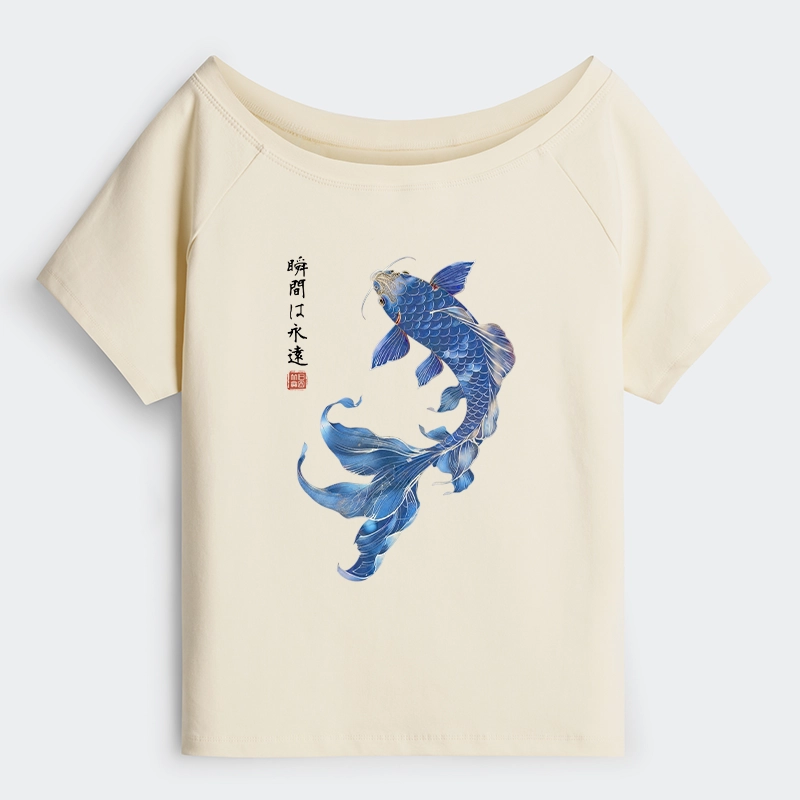 Tokyo-Tiger Lucky Blue Koi Fish Art Off Shoulder T-Shirt