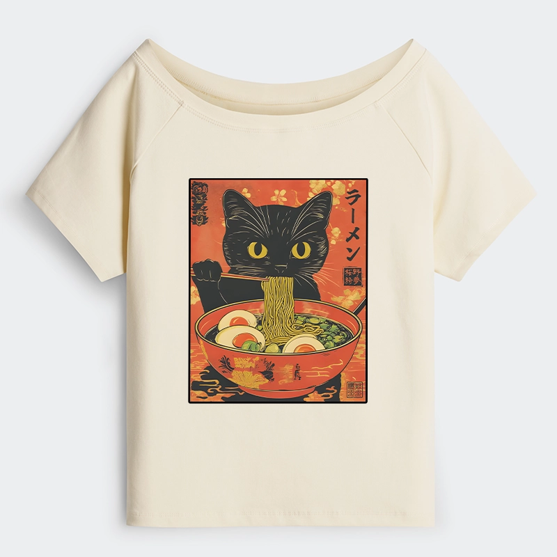 Tokyo-Tiger Hungry Black Cat Loves Ramen Off Shoulder T-Shirt