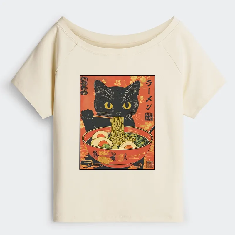 Tokyo-Tiger Hungry Black Cat Loves Ramen Off Shoulder T-Shirt