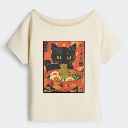Tokyo-Tiger Hungry Black Cat Loves Ramen Off Shoulder T-Shirt