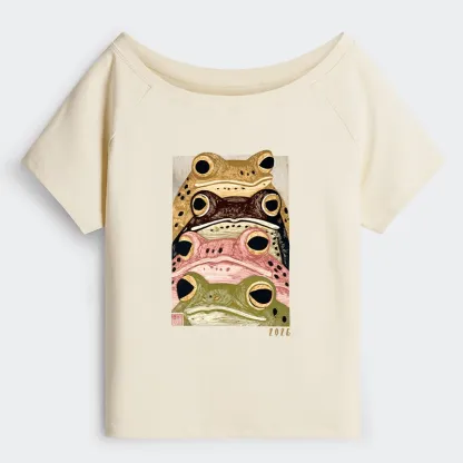 Tokyo-Tiger Whimsical Multi Colored Frog Art Off Shoulder T-Shirt