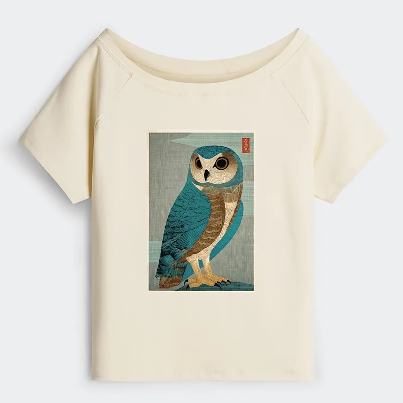 Tokyo-Tiger Vintage Owl Woodblock Art Off Shoulder T-Shirt