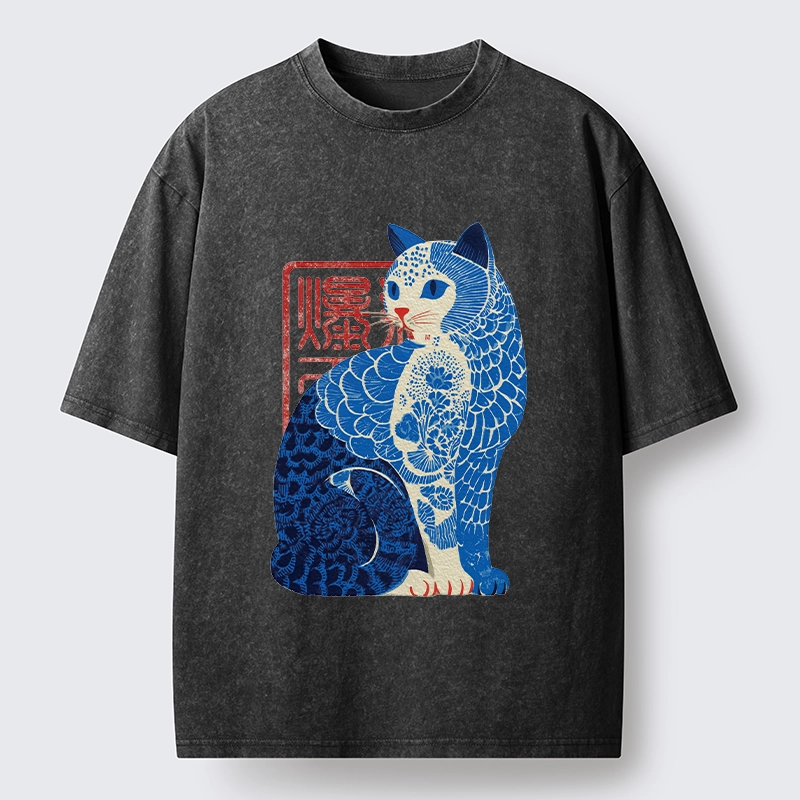 Tokyo-Tiger Blue And White Cat Print Art Washed T-Shirt