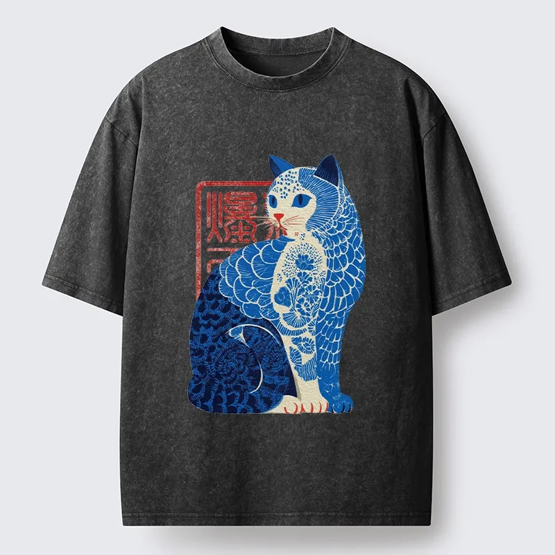 Tokyo-Tiger Blue And White Cat Print Art Washed T-Shirt