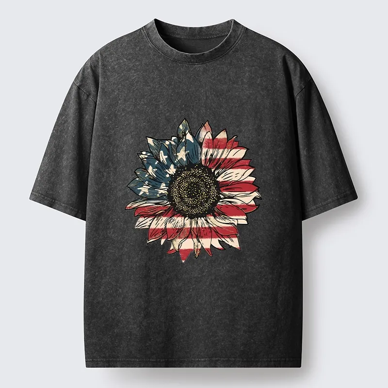 Tokyo-Tiger American Flag Sunflower Art Print Washed T-Shirt Sale