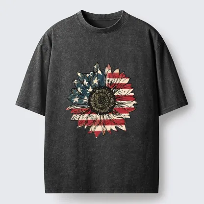 Tokyo-Tiger American Flag Sunflower Art Print Washed T-Shirt