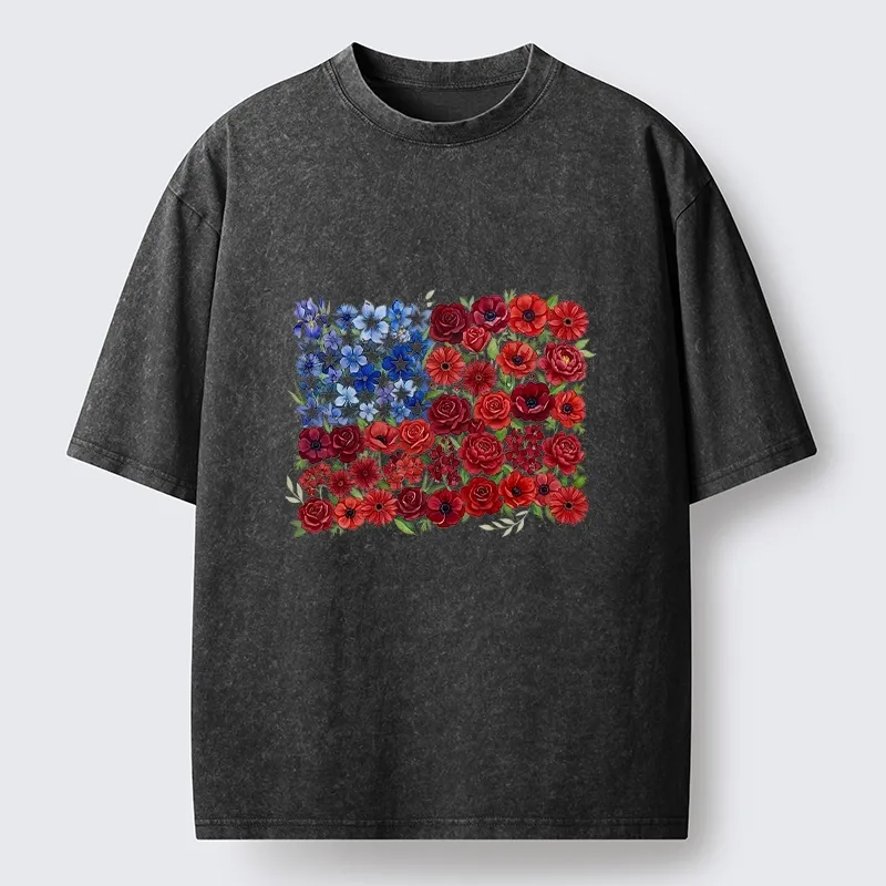 Tokyo-Tiger Floral American Flag Watercolor Art Washed T-Shirt
