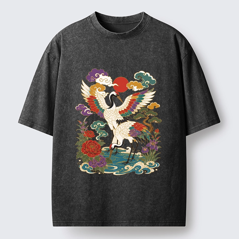 Tokyo-Tiger Traditional Japanese Cranes Art Print Washed T-Shirt