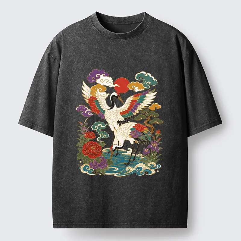 Tokyo-Tiger Traditional Japanese Cranes Art Print Washed T-Shirt