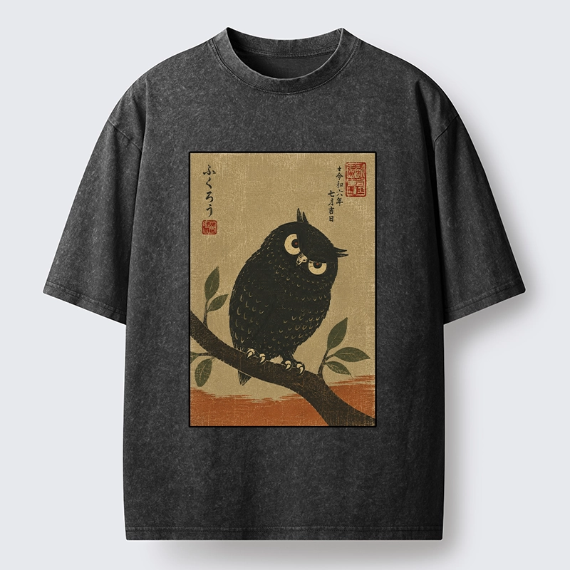 Tokyo-Tiger Traditional Black Owl Art Vibe Washed T-Shirt