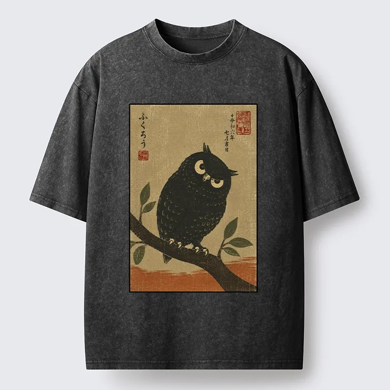 Tokyo-Tiger Traditional Black Owl Art Vibe Washed T-Shirt