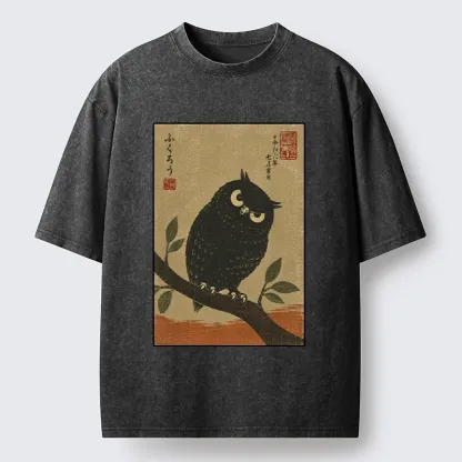 Tokyo-Tiger Traditional Black Owl Art Vibe Washed T-Shirt
