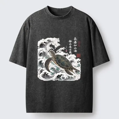 Tokyo-Tiger Lucky Turtle With Calligraphy Art Washed T-Shirt