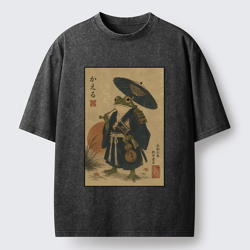 Tokyo-Tiger Cool Frog Samurai In Kimono Washed T-Shirt
