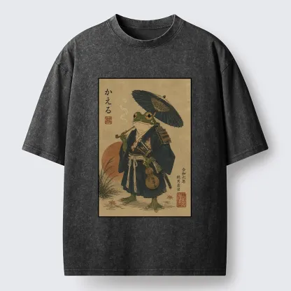 Tokyo-Tiger Cool Frog Samurai In Kimono Washed T-Shirt