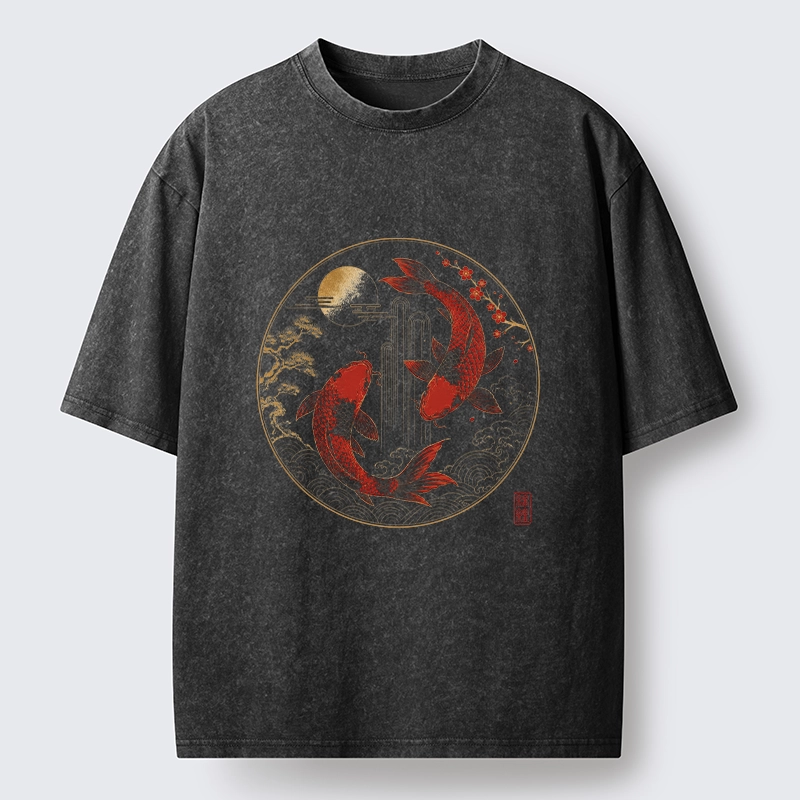 Tokyo-Tiger Lucky Koi Fish With Cherry Blossoms Washed T-Shirt