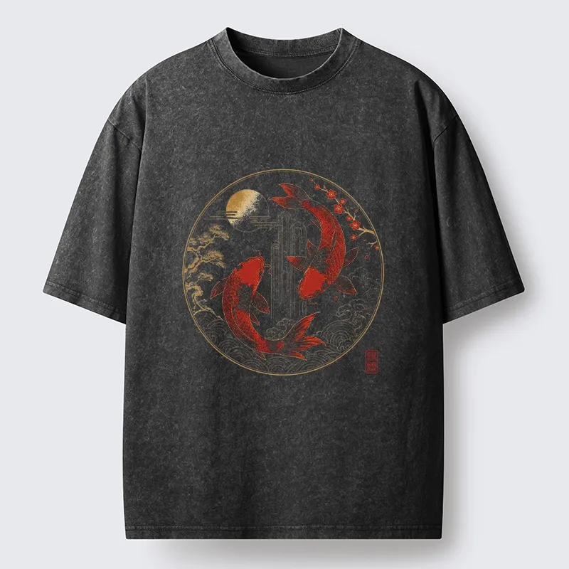 Tokyo-Tiger Lucky Koi Fish With Cherry Blossoms Washed T-Shirt
