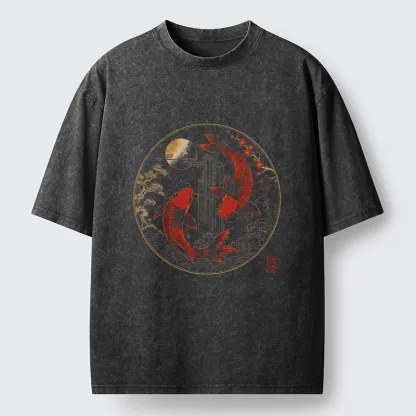Tokyo-Tiger Lucky Koi Fish With Cherry Blossoms Washed T-Shirt