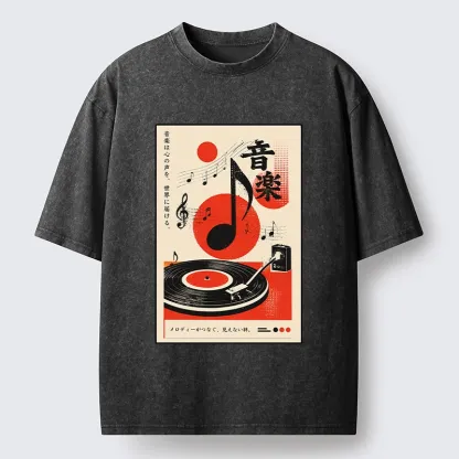 Tokyo-Tiger Retro Vinyl Record And Music Notes Washed T-Shirt