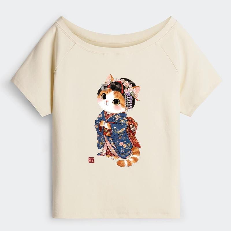 Tokyo-Tiger Cat Dressed As A Geisha Funny Off Shoulder T-Shirt