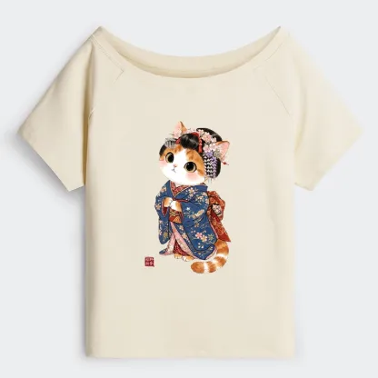 Tokyo-Tiger Cat Dressed As A Geisha Funny Off Shoulder T-Shirt