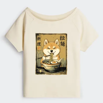 Tokyo-Tiger Happy Shiba Eating Ramen Off Shoulder T-Shirt