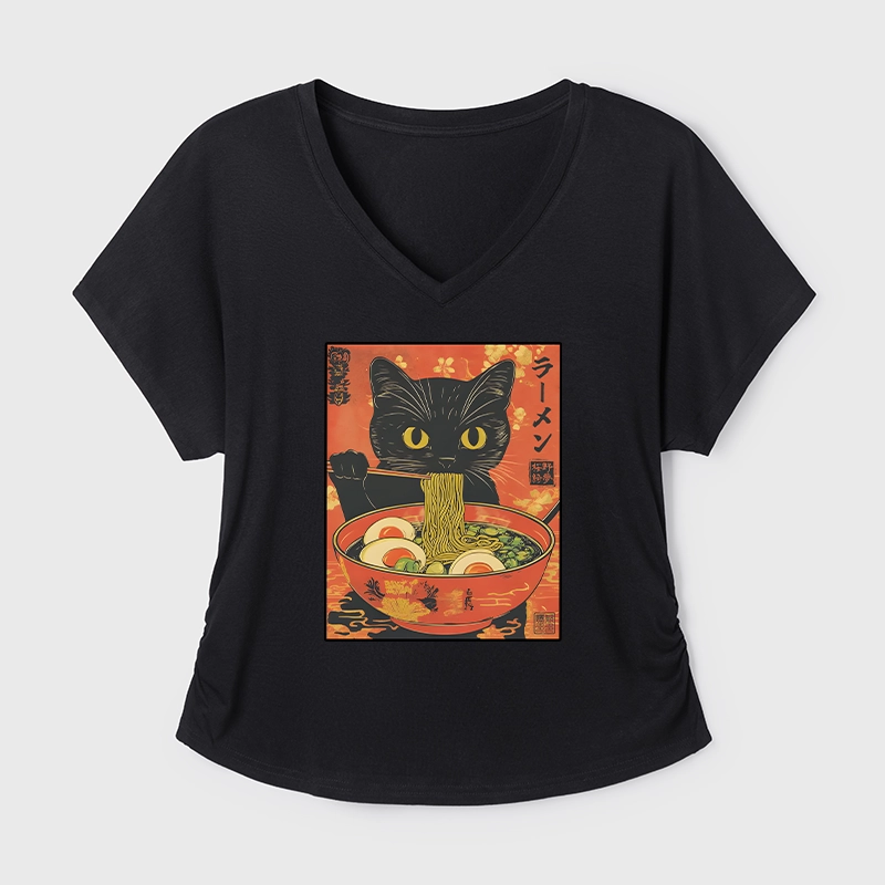 Tokyo-Tiger Hungry Black Cat Loves Ramen Modal Dolman Sleeve T-Shirt