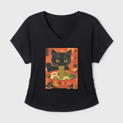 Tokyo-Tiger Hungry Black Cat Loves Ramen Modal Dolman Sleeve T-Shirt