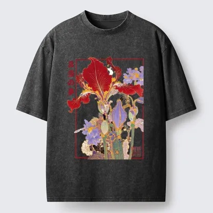 Tokyo-Tiger Antique Japanese Iris Flower Painting Washed T-Shirt