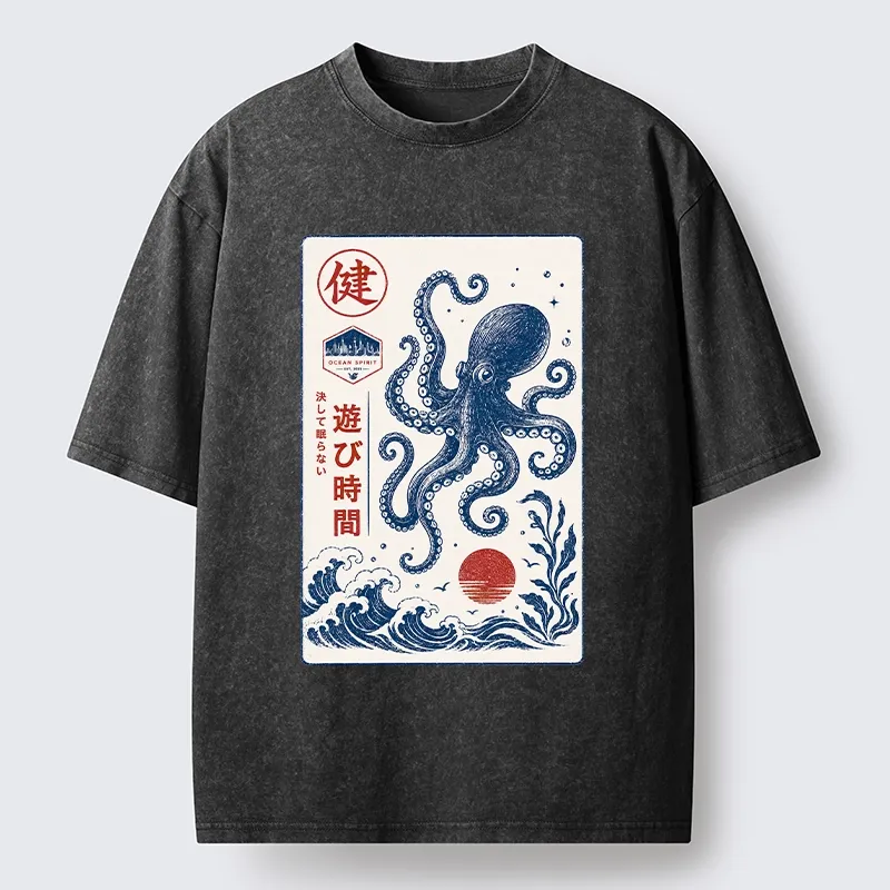 Tokyo-Tiger Octopus Swims In Wild Ocean Waves Washed T-Shirt