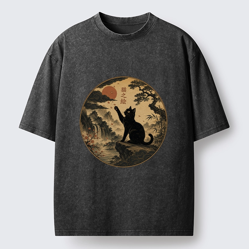Tokyo-Tiger Serene Nature Scene Of Curious Ink Black Cat Washed T-Shirt