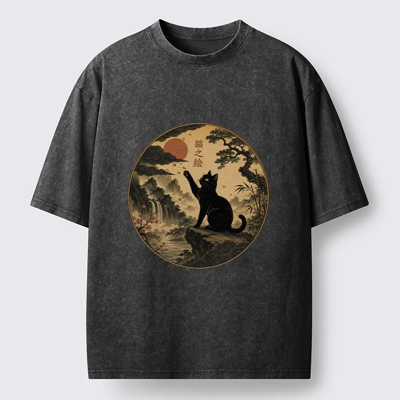 Tokyo-Tiger Serene Nature Scene Of Curious Ink Black Cat Washed T-Shirt