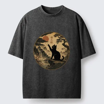 Tokyo-Tiger Serene Nature Scene Of Curious Ink Black Cat Washed T-Shirt